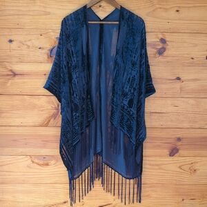 lovestitch Navy Blue Fringe Boho Goth Burnout Velvet Kimono One Size